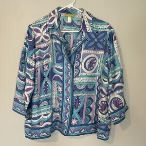 Sigrid Olsen Blouse Women Sz Large Blue 100% Silk Signature Button 3/4 Sleeve